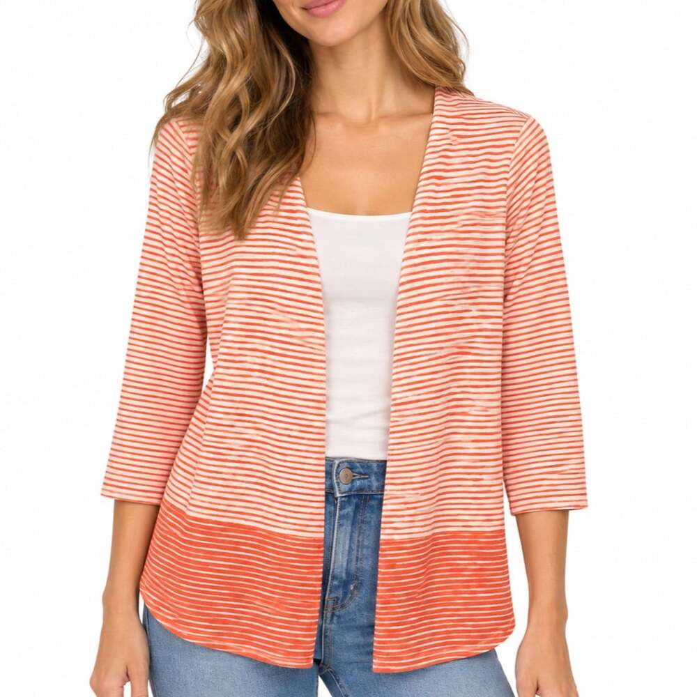 Chico's Orange Striped Open Front Cardigan 3/4 Sleeve